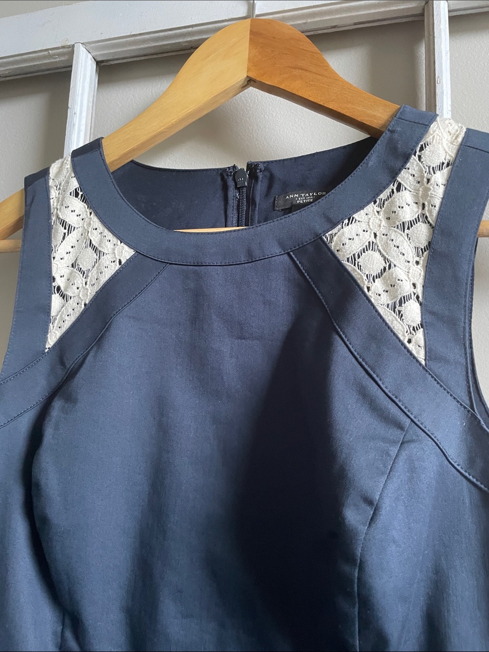 Ann Taylor Navy Midi Dress with Cream Lace Accents - Picture 3 of 12
